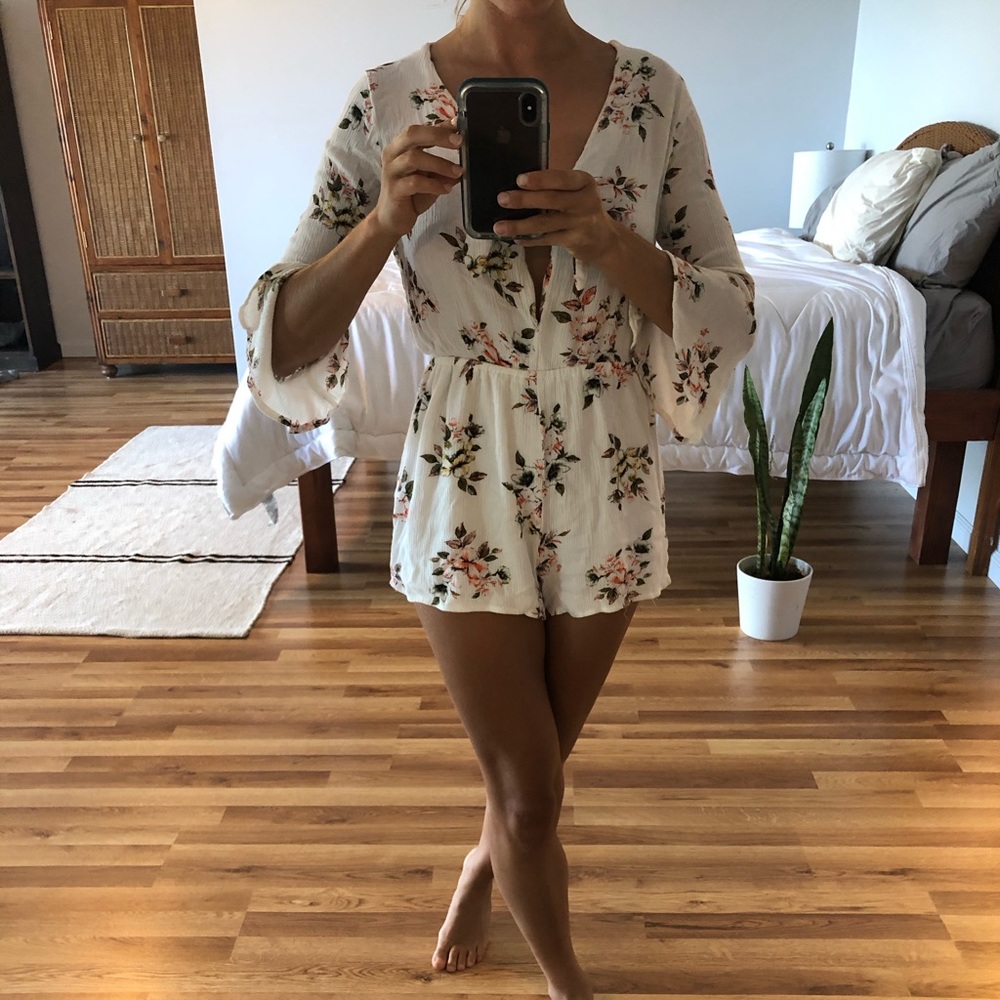 Boho Tie-Front Floral Romper w/ Bell Sleeves